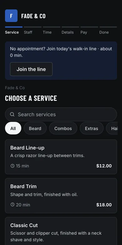 The Fade & Co booking page on a phone: services by category with prices and times