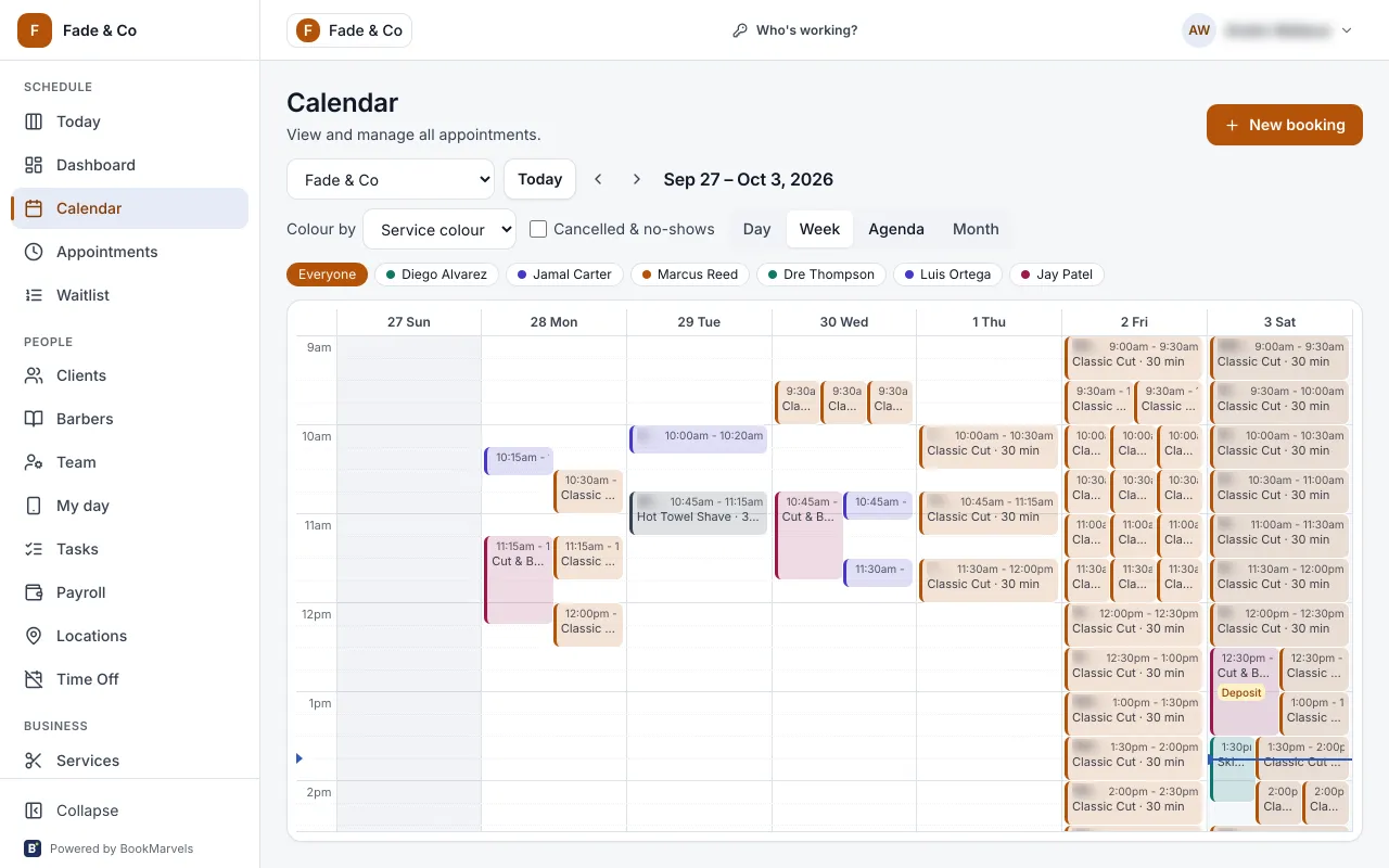 The calendar in week view, coloured by service