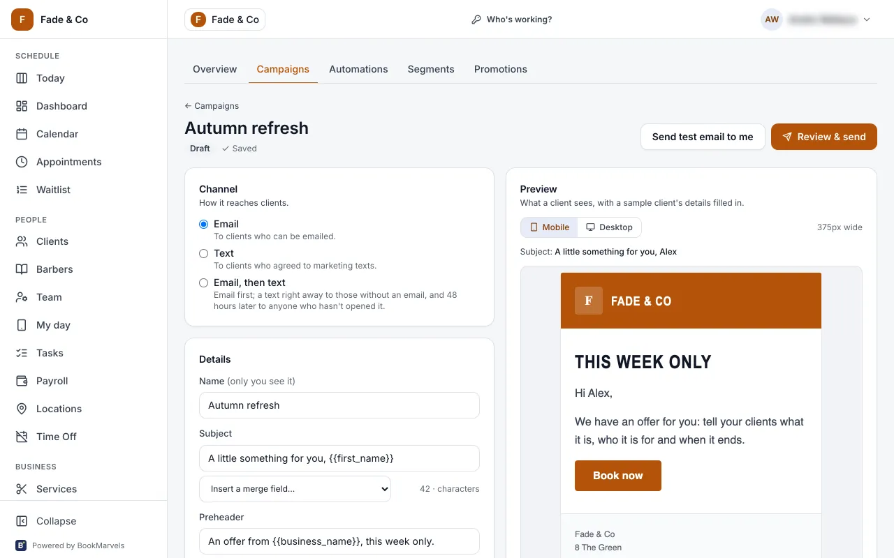An email campaign with a booking button, being edited