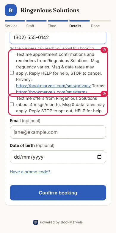 Ringenious Solutions's booking form on a phone: the mobile number, then two unticked boxes, one for appointment texts and one for offers